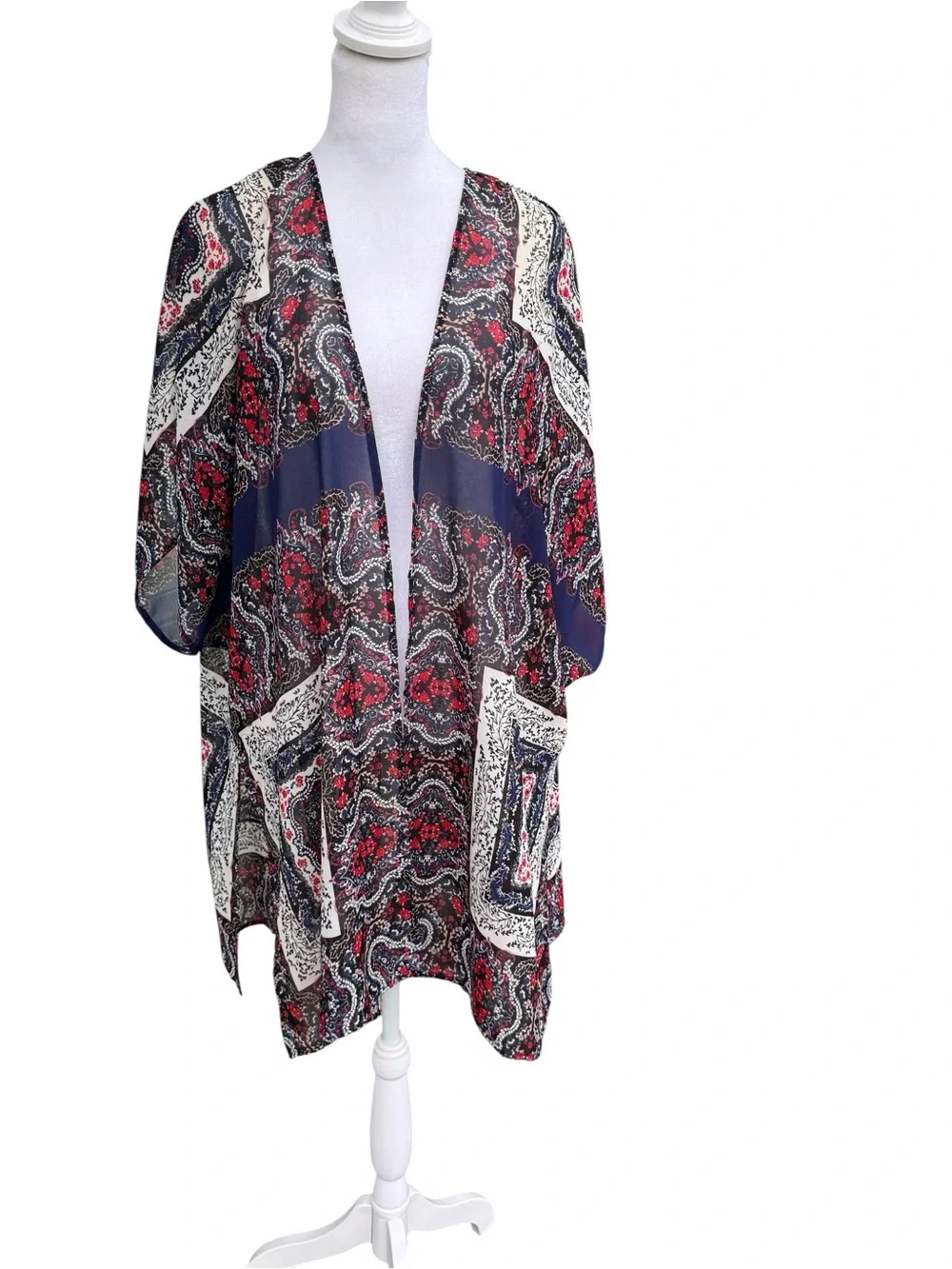 Maurice’s Boho Paisley Open Front Kimono Navy Red & Cream Layering Romantic L/XL